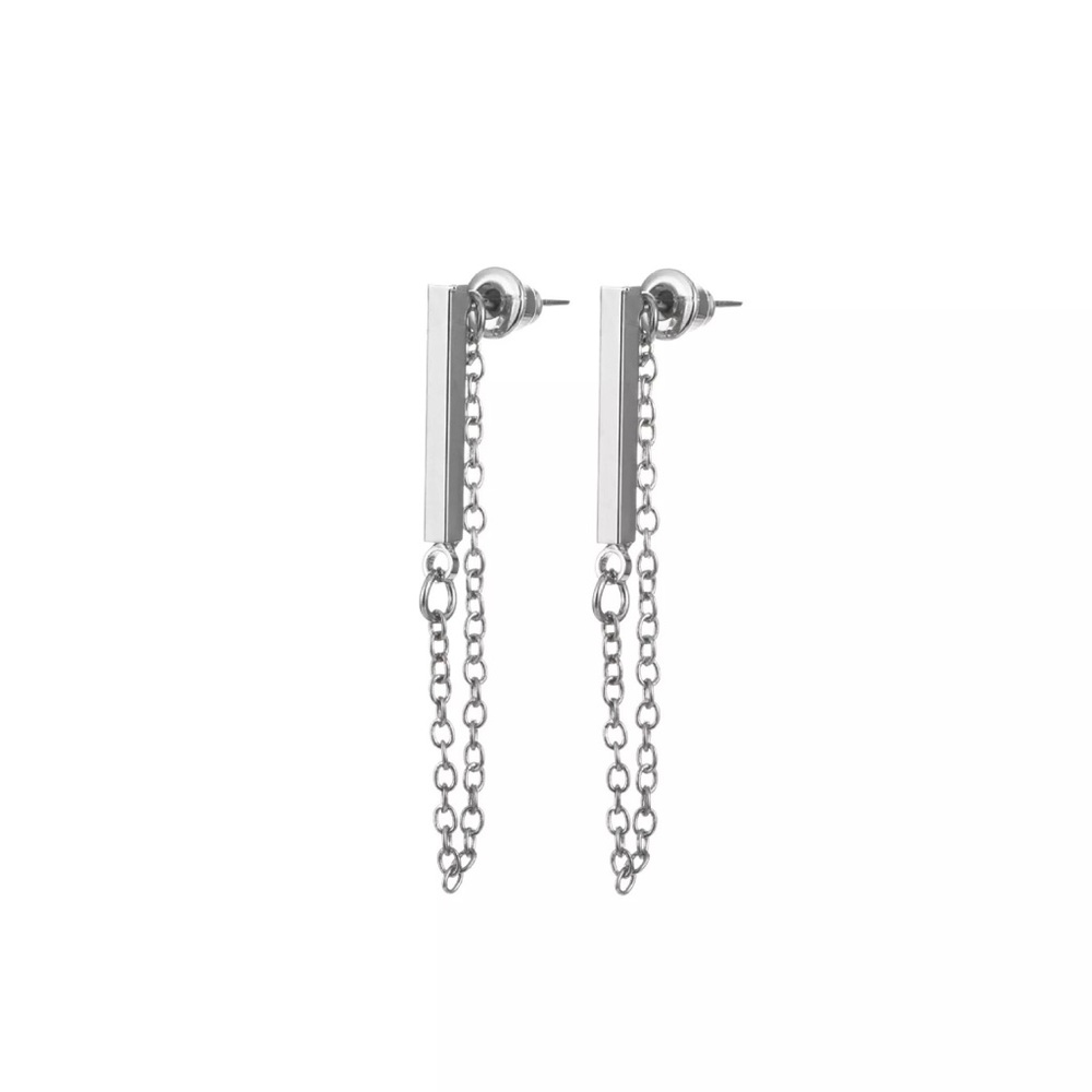 Minimalist Chained Back Bar Stud Earrings - Picture 2 of 4